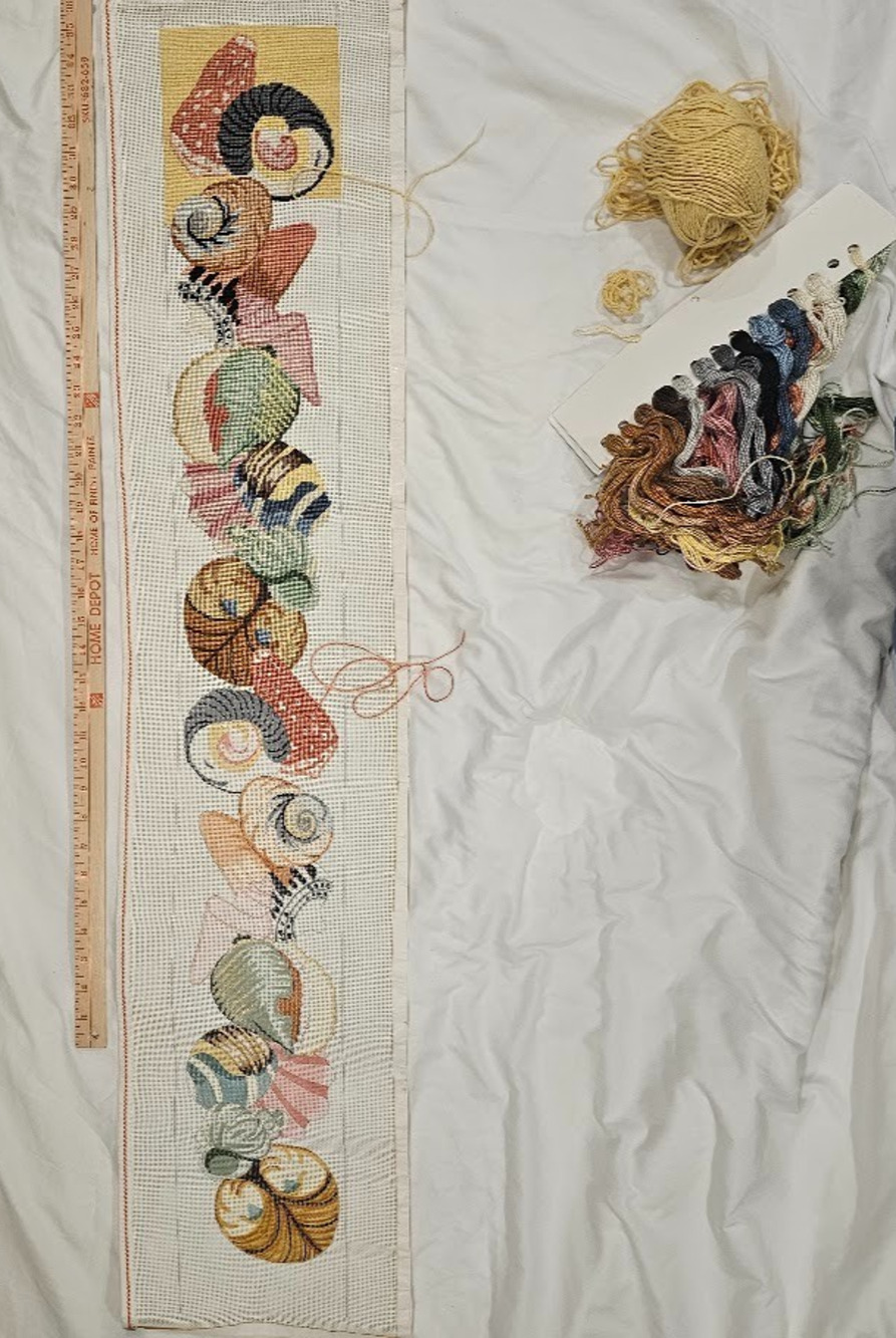 Vintage Project WIP Needlepoint Shell Wall Hanging Coastal Banner Table Runner
